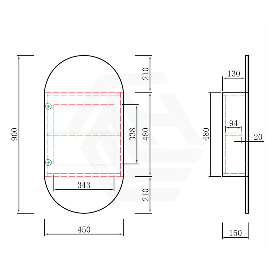 450X900Mm Beau Monde Wall Hung Oval Pill - Shaped Shaving Mirror Cabinet Matt White Finish For