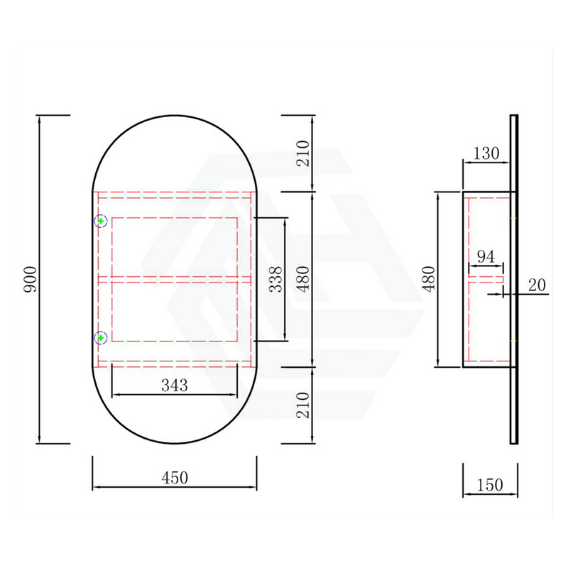 450X900Mm Beau Monde Wall Hung Oval Pill - Shaped Shaving Mirror Cabinet Max Finish For Bathroom