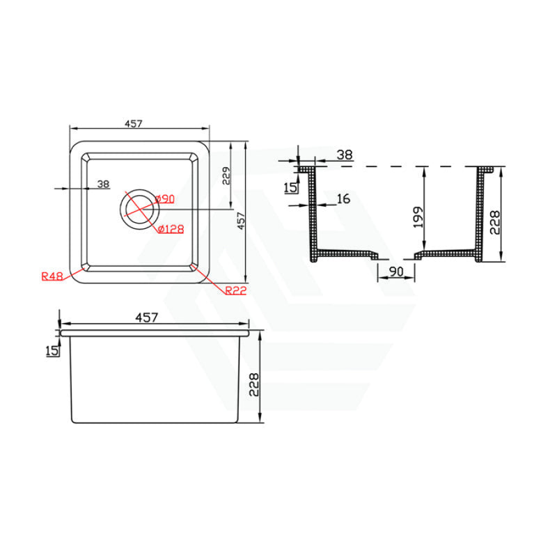 457X457X228Mm Gloss White Camden Fireclay Kitchen/Laundry Sink Single Bowl Top/Under Mount Kitchen