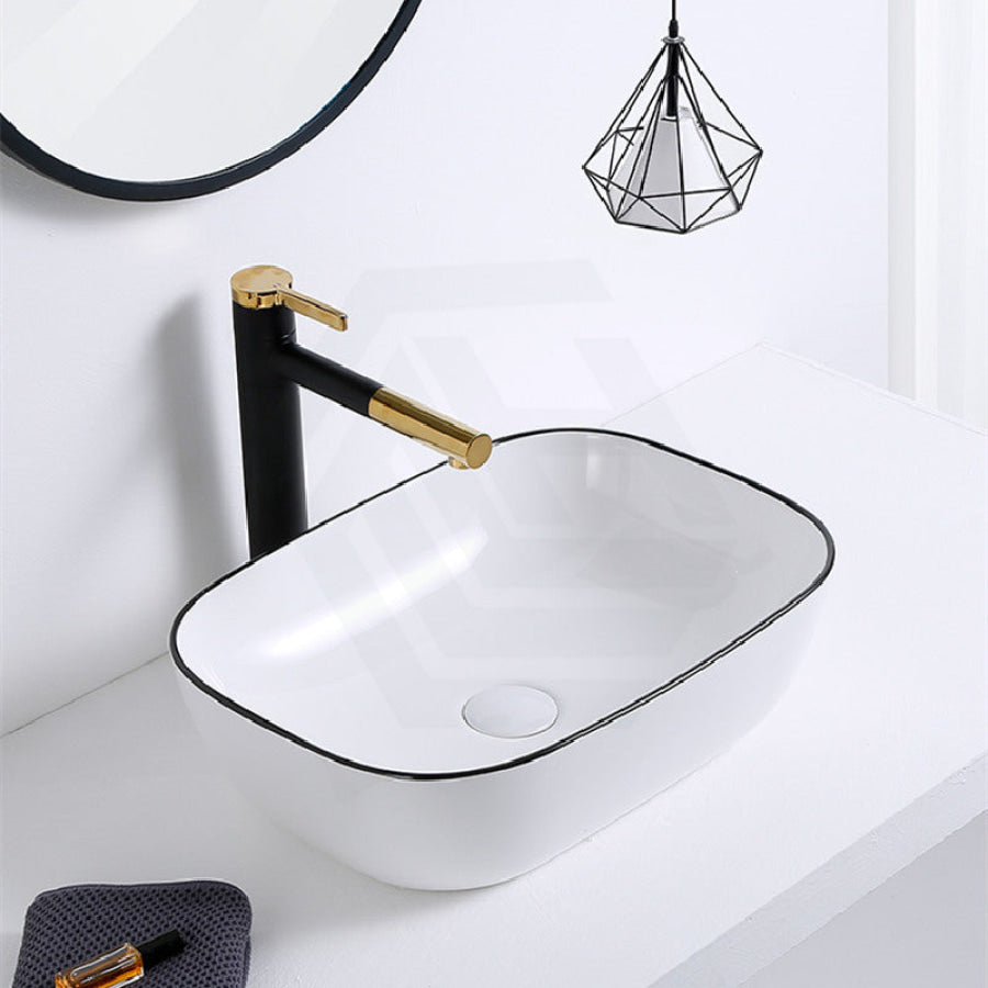 Ceramic Basin Above Counter Rectangle White With Black Rim