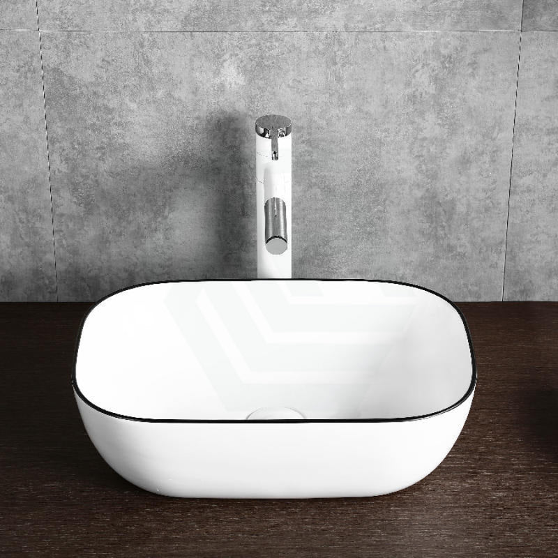 460X330X135Mm Above Counter Ceramic Basin Gloss White With Black Rim Bathroom Rectangle Wash