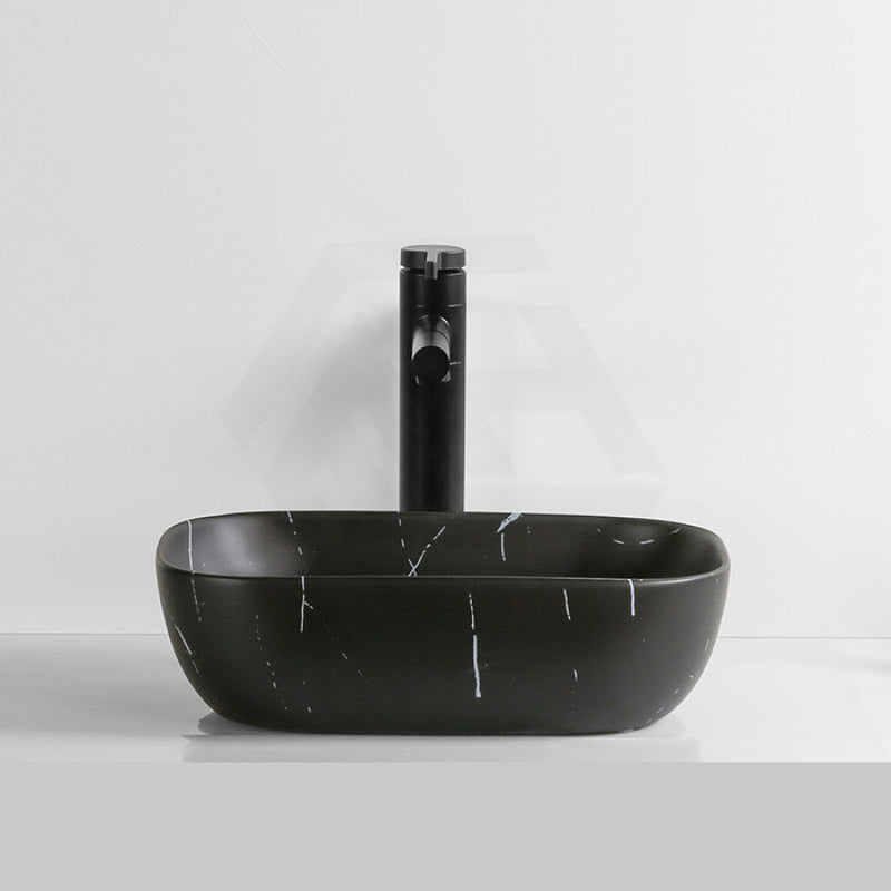 460X330X135Mm Ceramic Basin Above Counter Rectangle Carrara Marble Matt Black Basins