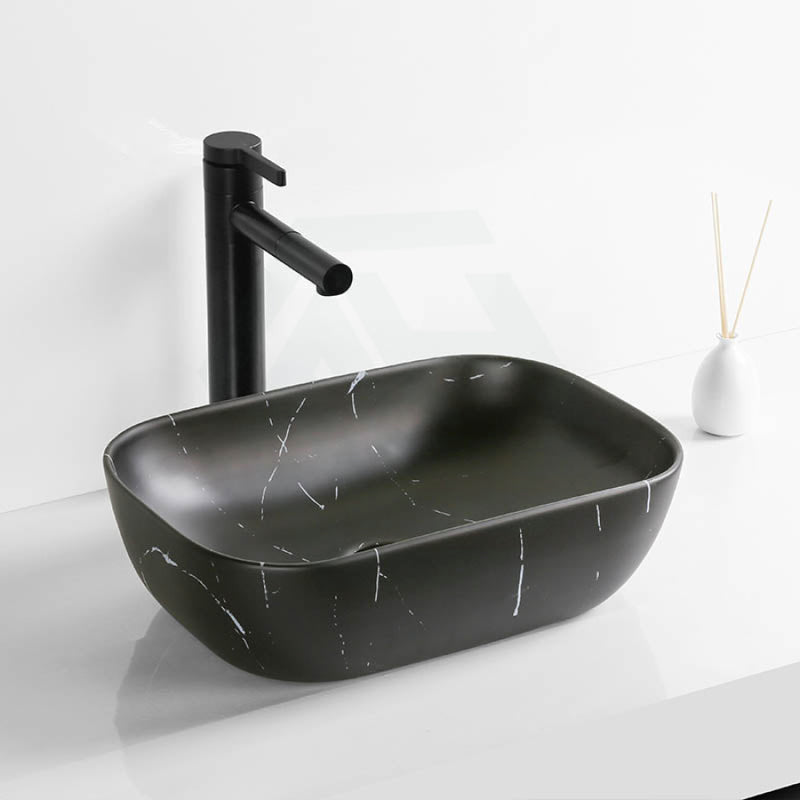 460X330X135Mm Ceramic Basin Above Counter Rectangle Carrara Marble Matt Black Basins