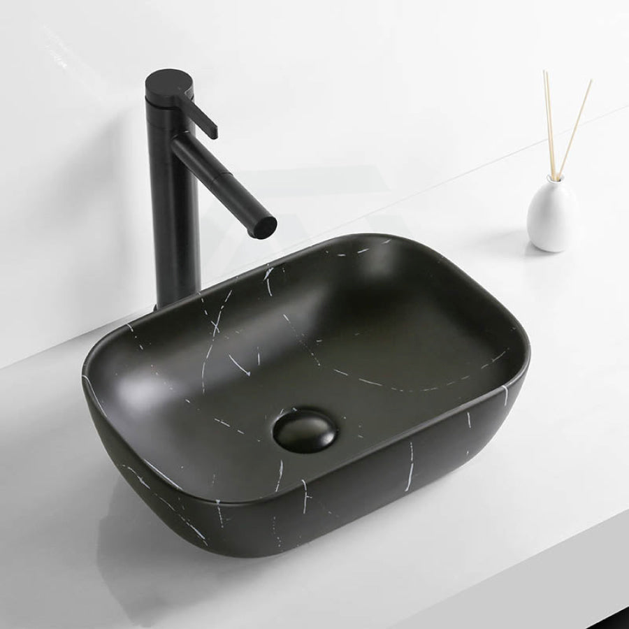 460X330X135Mm Ceramic Basin Above Counter Rectangle Carrara Marble Matt Black Basins