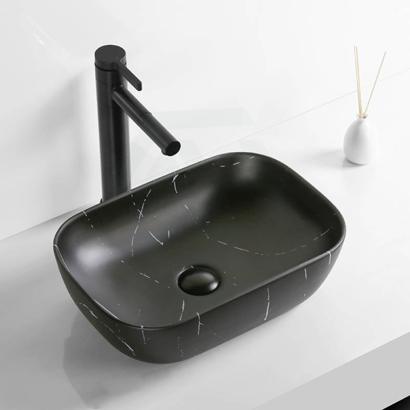 460X330X135Mm Ceramic Basin Above Counter Rectangle Carrara Marble Matt Black Basins