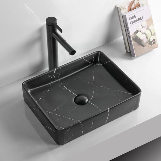 470X360X110Mm Ceramic Basin Above Counter Rectangle Carrara Marble Matt Black Basins