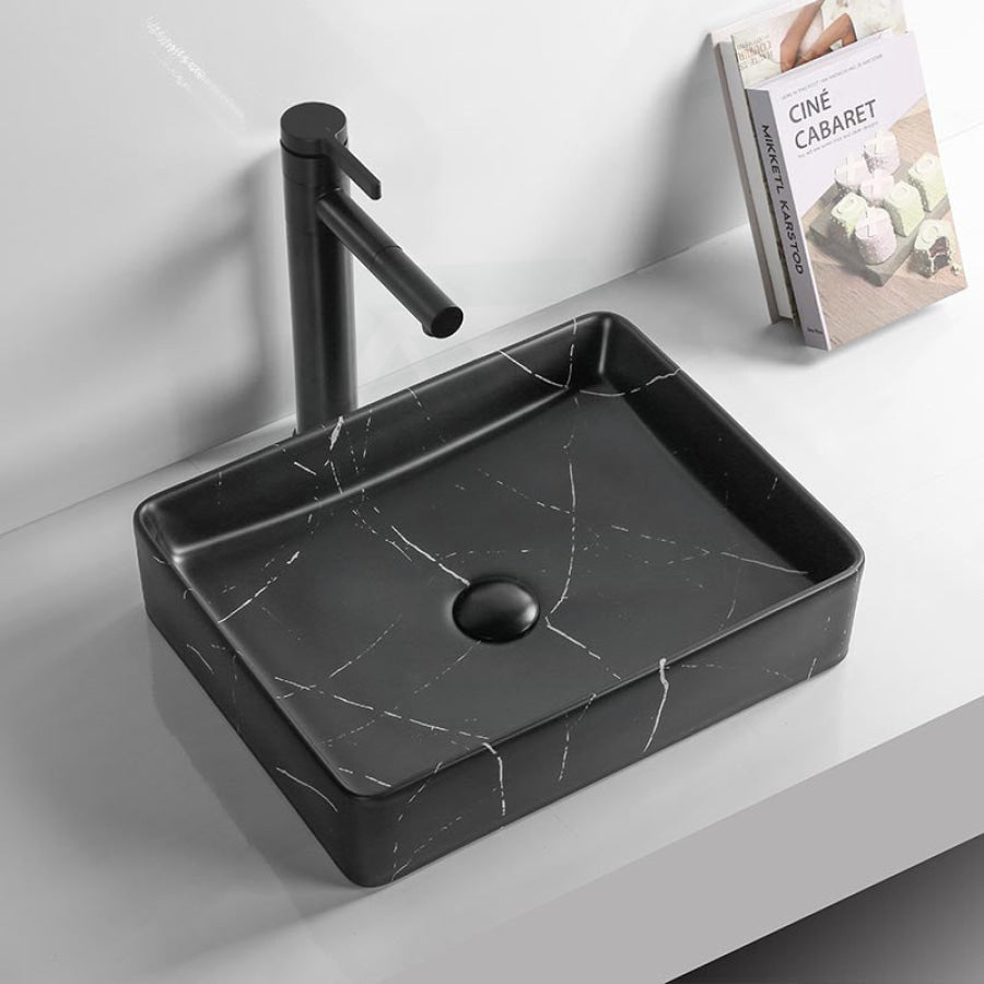 470X360X110Mm Ceramic Basin Above Counter Rectangle Carrara Marble Matt Black Basins