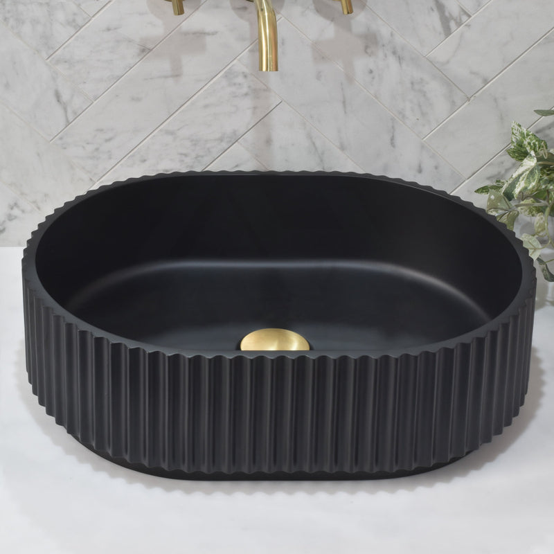 480X345X140Mm Stadio Groove Fluted Oval Above Counter Matt Black Artificial Stone Basin Basins