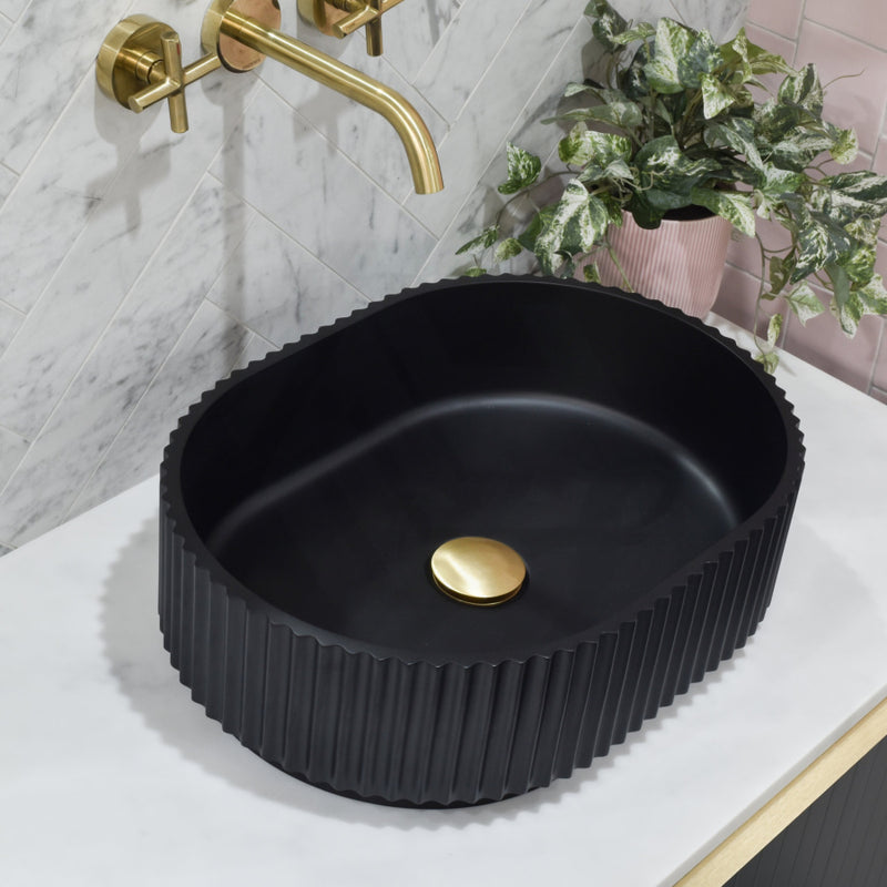 480X345X140Mm Stadio Groove Fluted Oval Above Counter Matt Black Artificial Stone Basin Basins