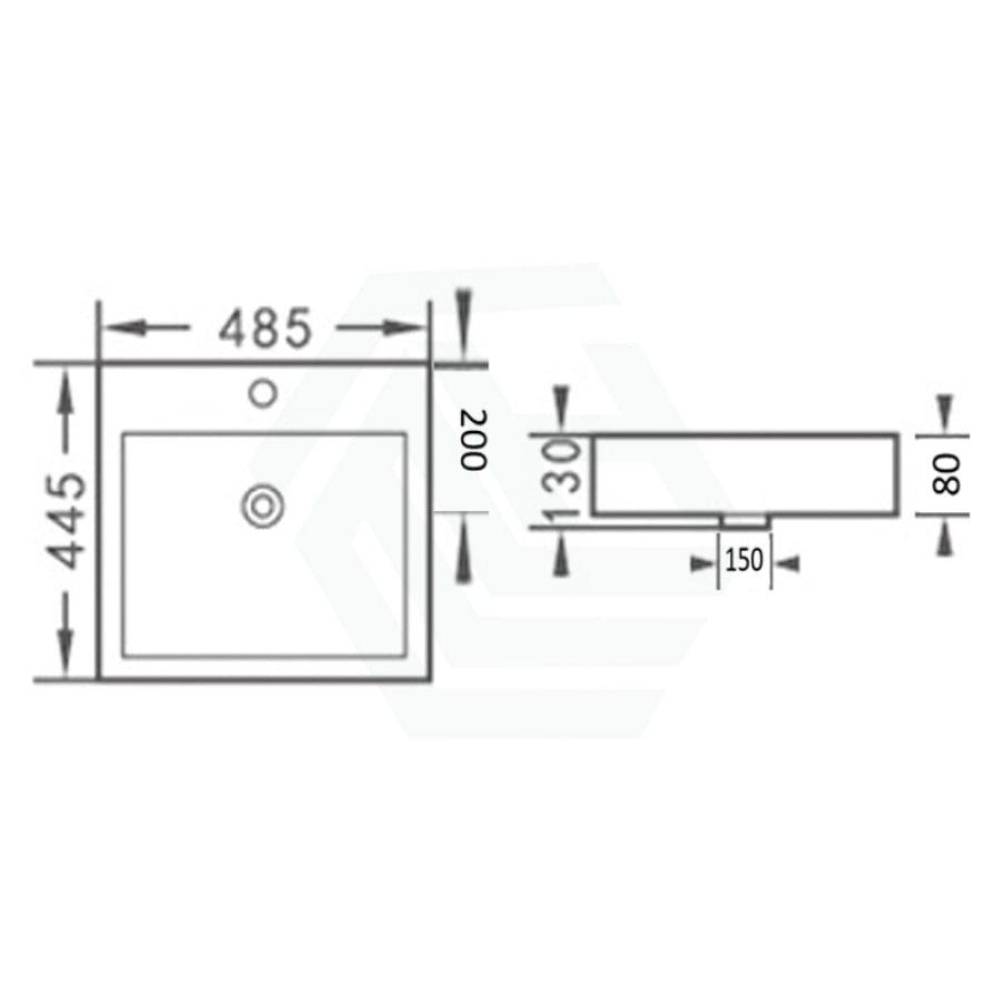 485X445X130Mm Inset Ceramic Basin Gloss White Rectangle Tap Hole