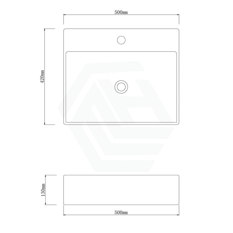 500X420X130Mm Above Counter / Wall Hung Rectangle Gloss White Ceramic Basin One Tap Hole Basins