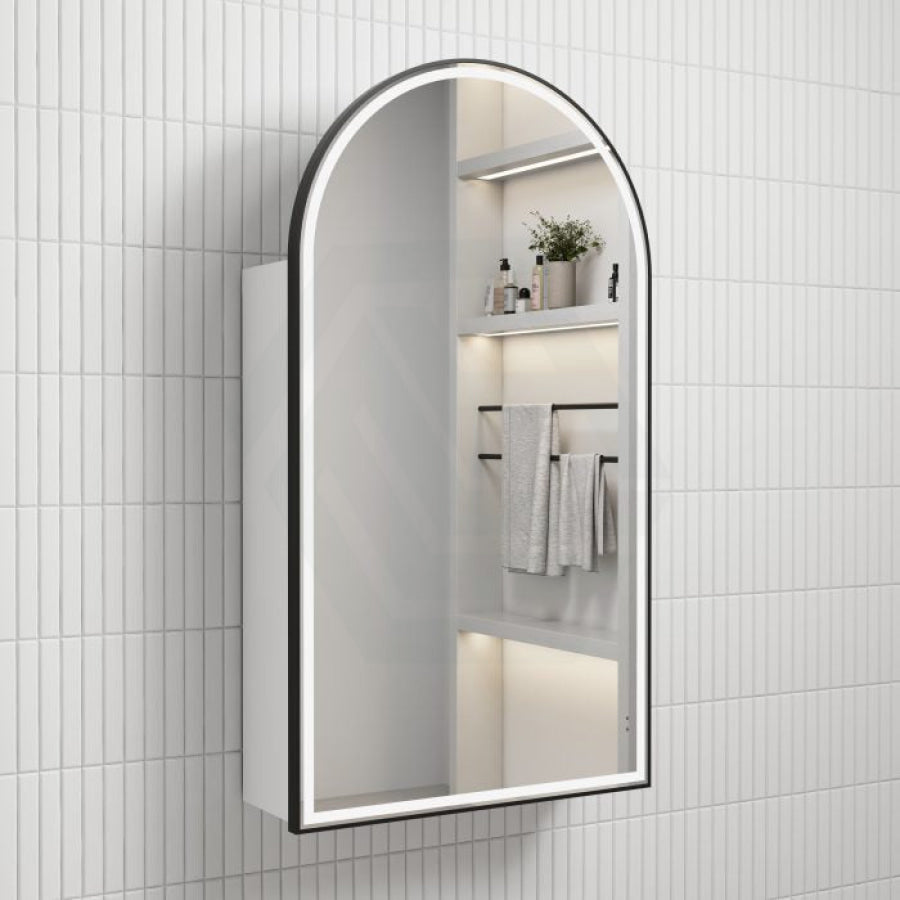 500X900Mm Canterbury Led Mirror Arch Shaving Cabinet Matt White Finish Black Framed Touchless