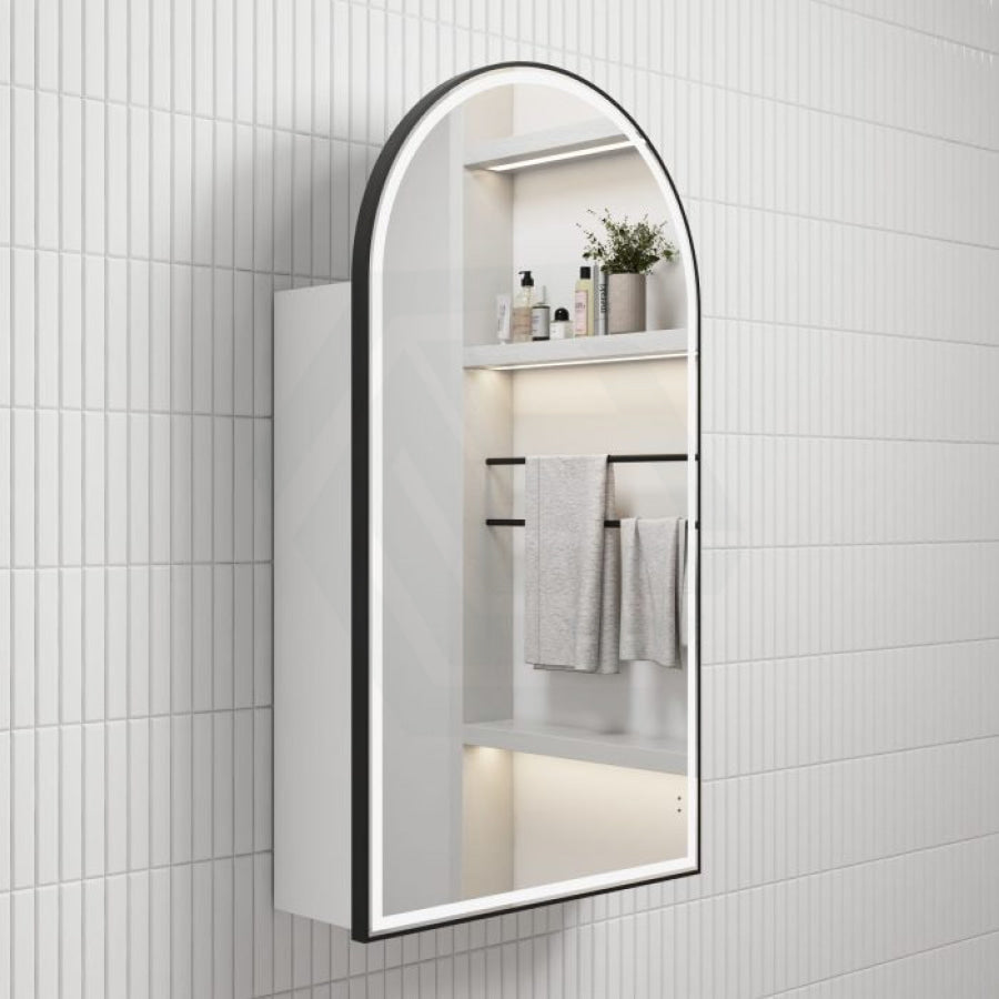 500X900Mm Canterbury Led Mirror Arch Shaving Cabinet Matt White Finish Black Framed Touchless