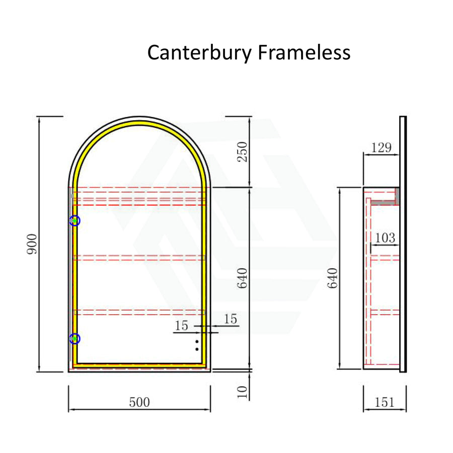 500X900Mm Canterbury Led Mirror Arch Shaving Cabinet Matt White Finish Frameless Touchless Sensor