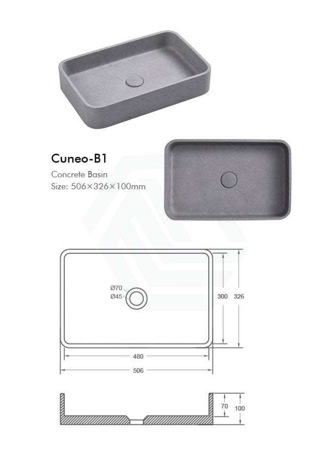 506X326X100Mm Rectangle Above Counter Concrete Basin Grey Mist Pop Up Waste Included Basins