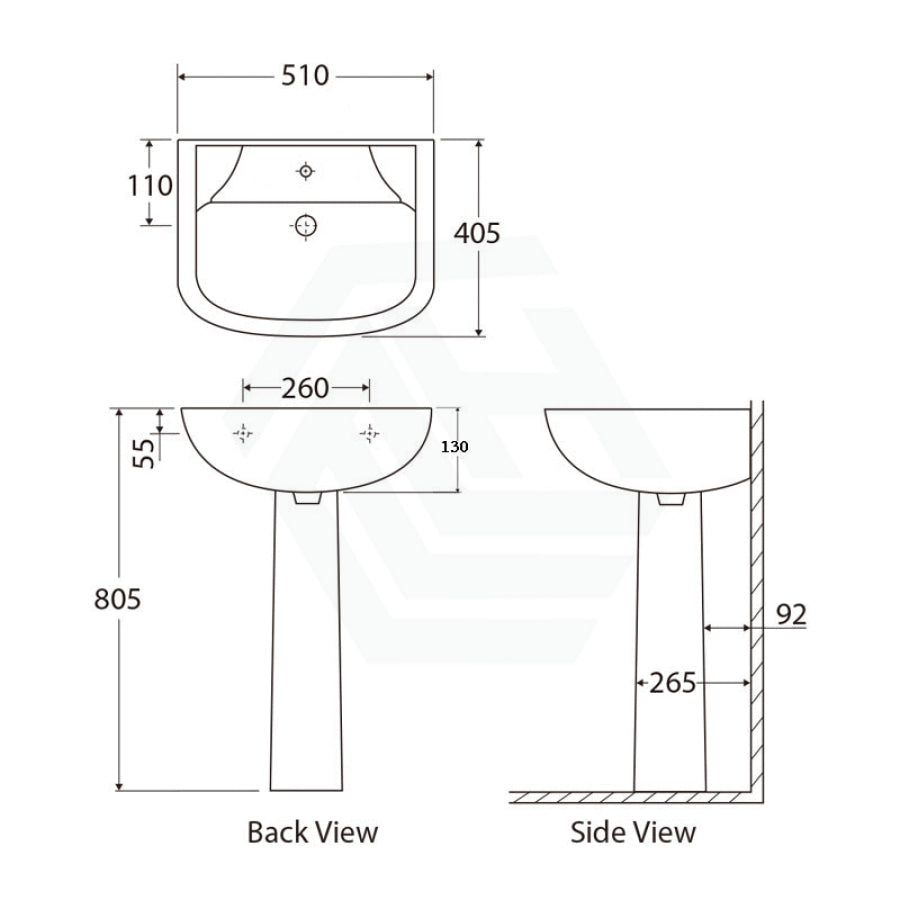 510X405X805Mm Rak Lara Pedestal Basin In Gloss White Freestanding 1 Or 3 Tap Holes Available Hole