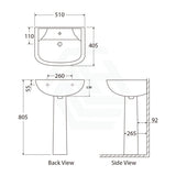 510X405X805Mm Rak Lara Pedestal Basin In Gloss White Freestanding 1 Or 3 Tap Holes Available Hole