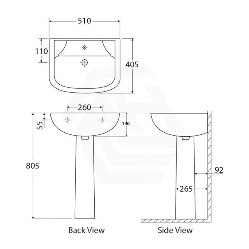 510X405X805Mm Rak Lara Pedestal Basin In Gloss White Freestanding 1 Or 3 Tap Holes Available Hole