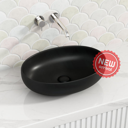 520X395X130Mm Bathroom Wash Basin Oval Above Counter Matt Black Ceramic Basins