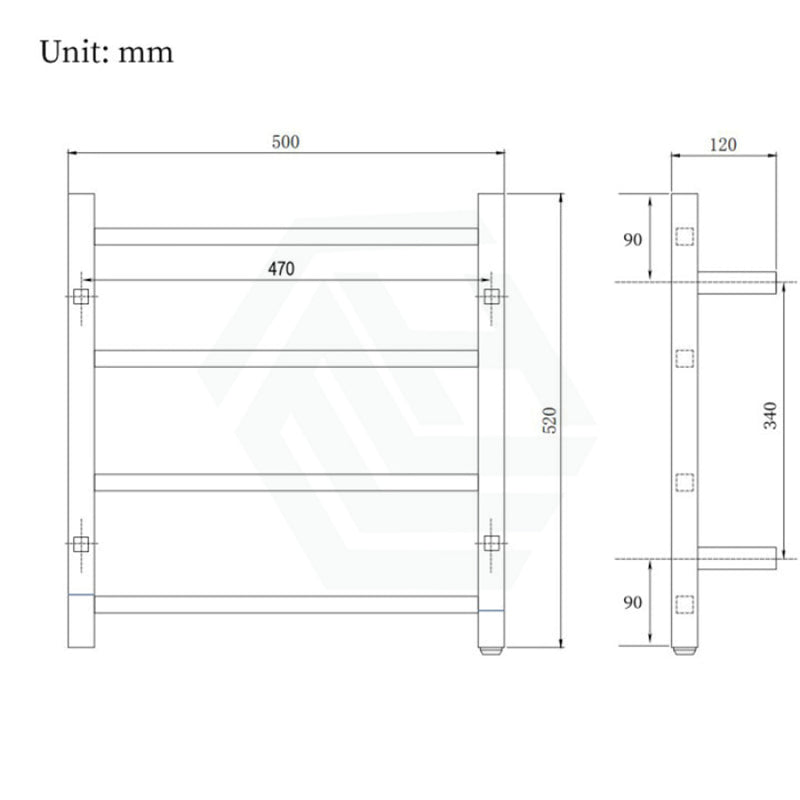 520X500X120Mm Square Chrome Electric Heated Towel Rack 4 Bars