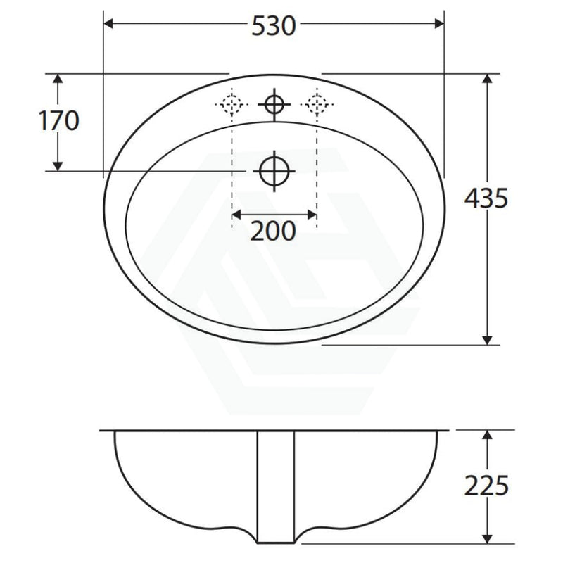 530X435X225Mm Rak Jessica Ivory Fully-Inset Ceramic Basin Oval 1 Or 3 Tap Holes Available Inset