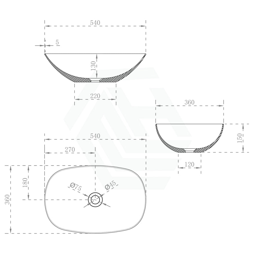 540X360X150Mm Rolo Soft Square Above Counter Matt White Artificial Stone Basin Sqaure Basins