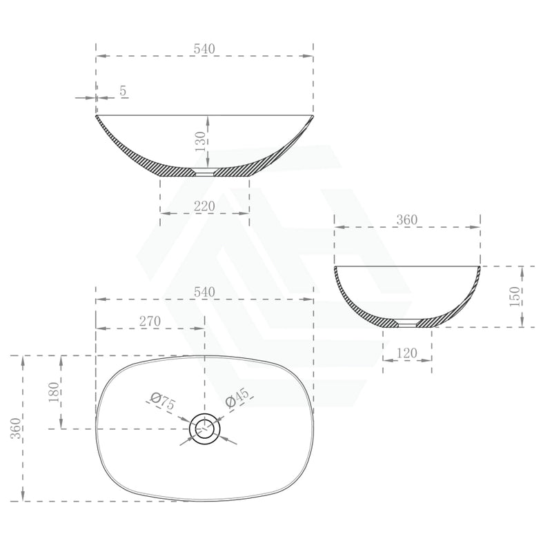 540X360X150Mm Rolo Soft Square Above Counter Matt White Artificial Stone Basin Sqaure Basins