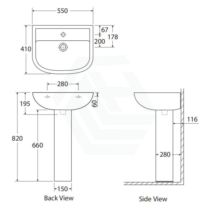 550X410X820Mm Rak Compact Pedestal Basin In Gloss White Freestanding 1 Or 3 Tap Holes Available Hole