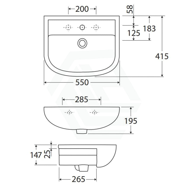 550X415X195Mm Rak Compact Semi-Recessed Ceramic Basin 1 Or 3 Tap Holes Available Semi-Recessed