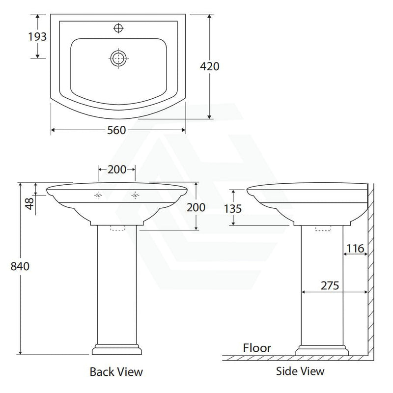 560X420X840Mm Rak Washington Pedestal Basin In Gloss Ivory Freestanding 1 Or 3 Tap Holes Available