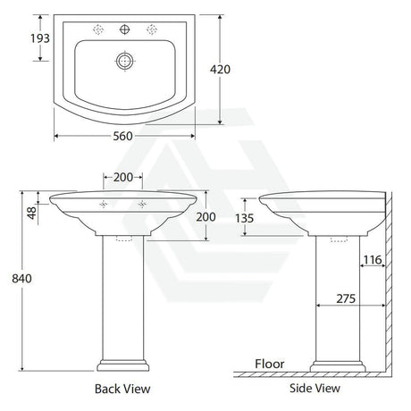 560X420X840Mm Rak Washington Pedestal Basin In Gloss Ivory Freestanding 1 Or 3 Tap Holes Available