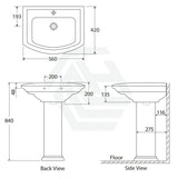 560X420X840Mm Rak Washington Pedestal Basin In Gloss Ivory Freestanding 1 Or 3 Tap Holes Available