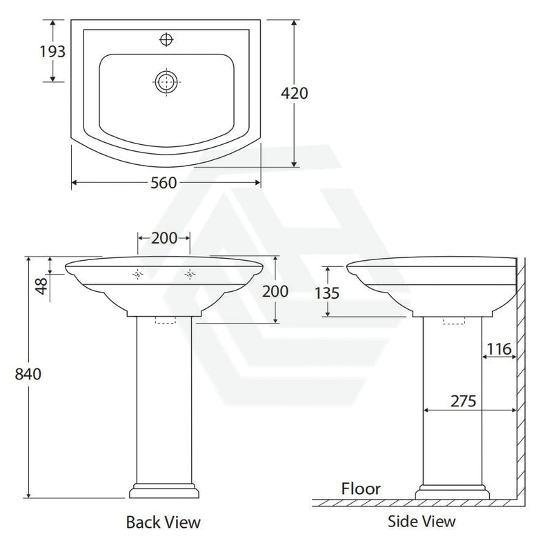 560X420X840Mm Rak Washington Pedestal Basin In Gloss Ivory Freestanding 1 Or 3 Tap Holes Available