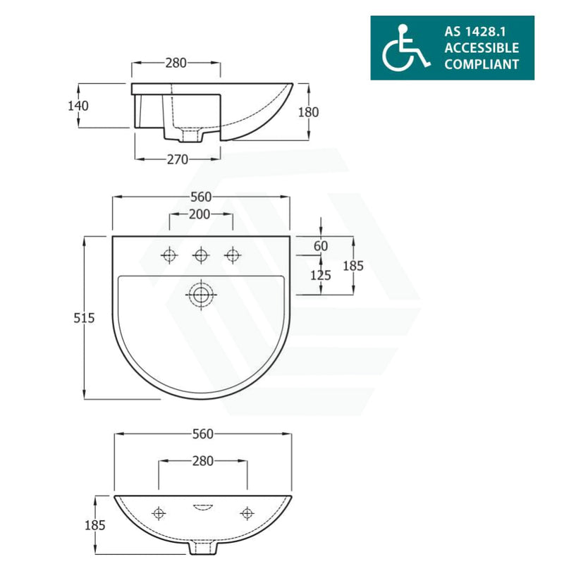 560X515X185Mm Rak Reserva Semi-Recessed Basin 1 Or 3 Tap Holes Available Semi-Recessed Basins