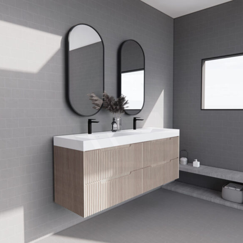 600-1500Mm Bali Wall Hung Bathroom Floating Vanity American Oak Linear Fluted Cabinet Pvc Coating