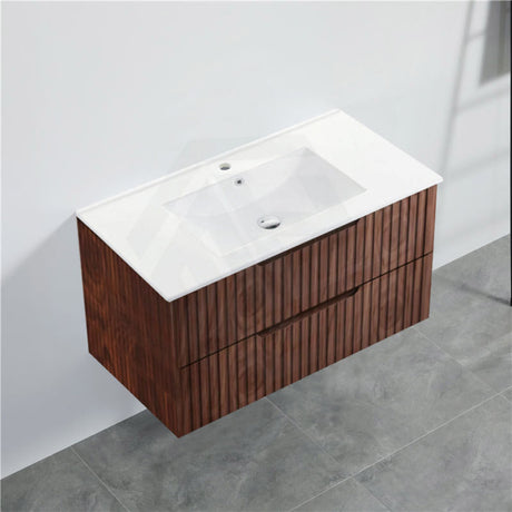 600-1500Mm Bali Wall Hung Bathroom Floating Vanity Brown Oak Linear Fluted Cabinet Pvc Coating