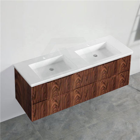 600-1500Mm Bali Wall Hung Bathroom Floating Vanity Brown Oak Linear Fluted Cabinet Pvc Coating