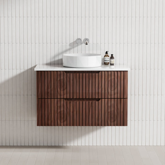 600-1500Mm Bali Wall Hung Bathroom Floating Vanity Brown Oak Linear Fluted Cabinet Pvc Coating