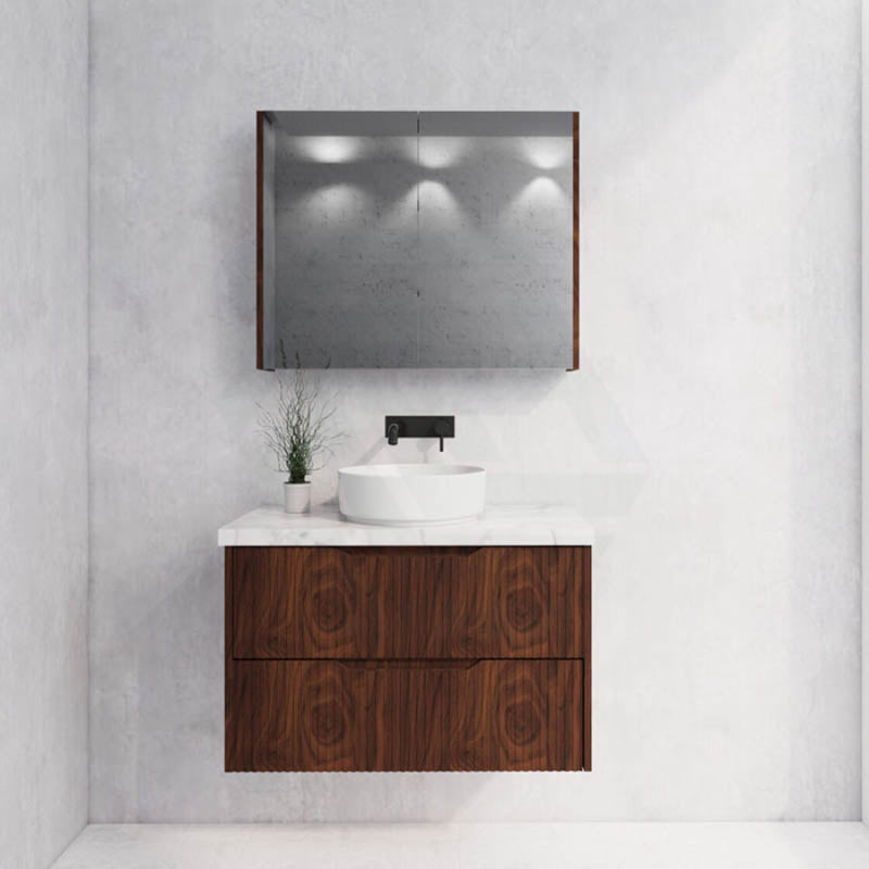 600-1500Mm Bali Wall Hung Bathroom Floating Vanity Brown Oak Linear Fluted Cabinet Pvc Coating