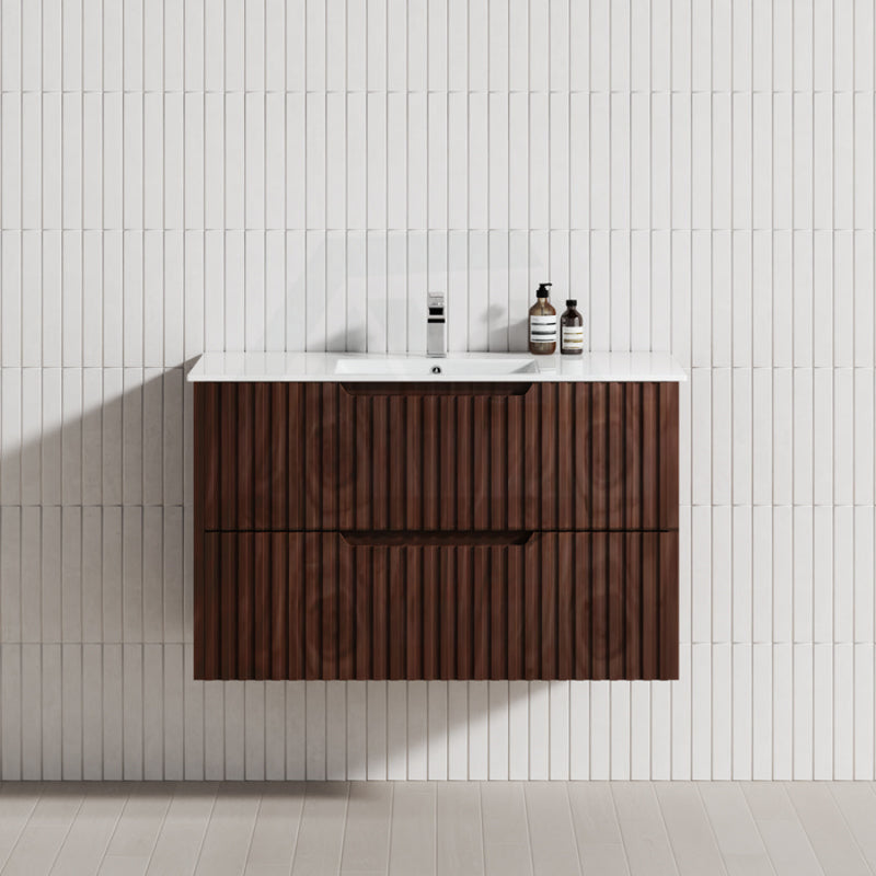 600-1500Mm Bali Wall Hung Bathroom Floating Vanity Brown Oak Linear Fluted Cabinet Pvc Coating