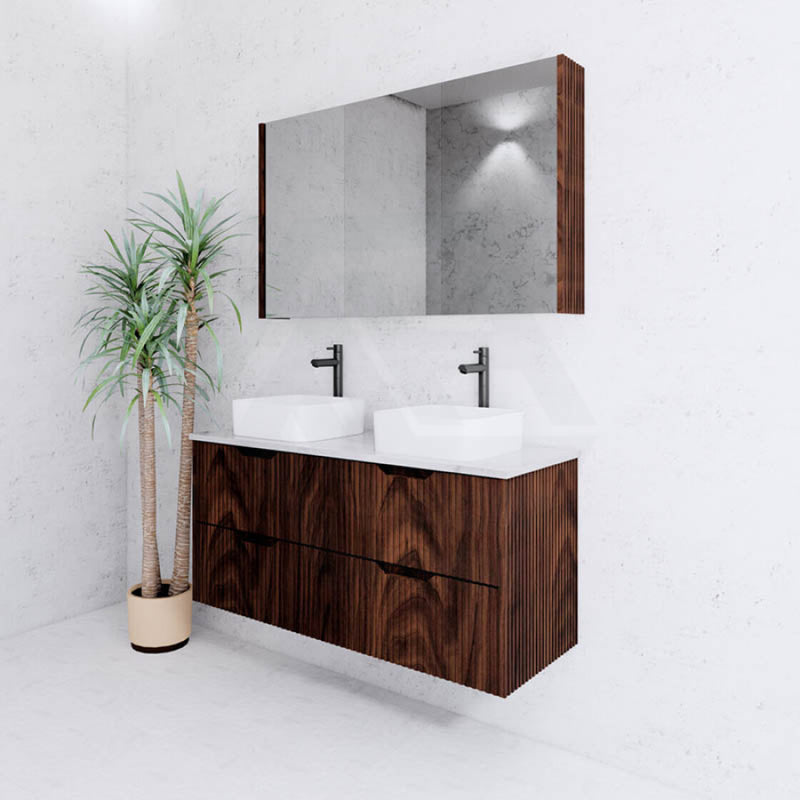 600-1500Mm Bali Wall Hung Bathroom Floating Vanity Brown Oak Linear Fluted Cabinet Pvc Coating