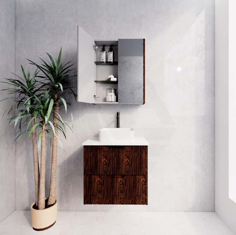 600-1500Mm Bali Wall Hung Bathroom Floating Vanity Brown Oak Linear Fluted Cabinet Pvc Coating