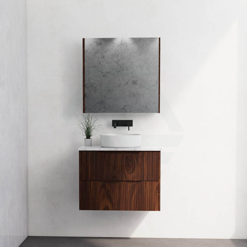 600-1500Mm Bali Wall Hung Bathroom Floating Vanity Brown Oak Linear Fluted Cabinet Pvc Coating