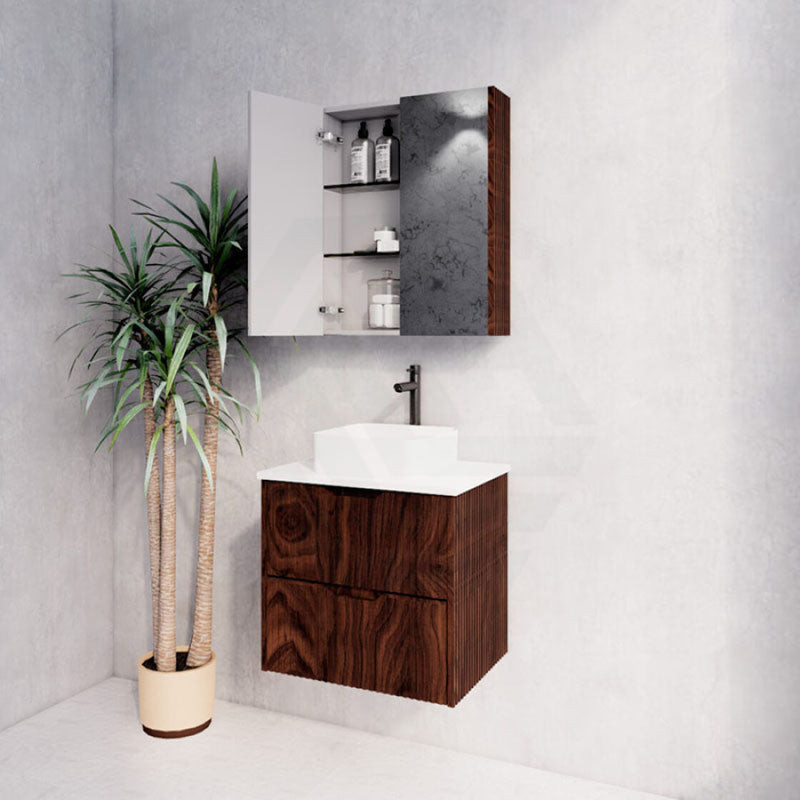 600-1500Mm Bali Wall Hung Bathroom Floating Vanity Brown Oak Linear Fluted Cabinet Pvc Coating