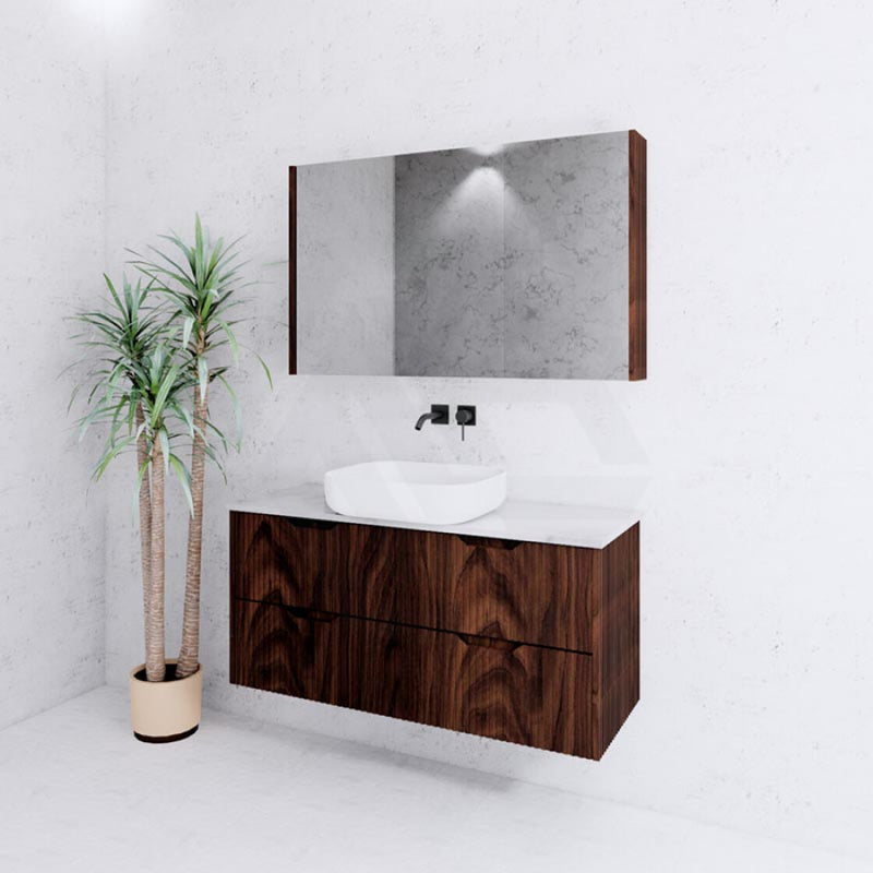 600-1500Mm Bali Wall Hung Bathroom Floating Vanity Brown Oak Linear Fluted Cabinet Pvc Coating