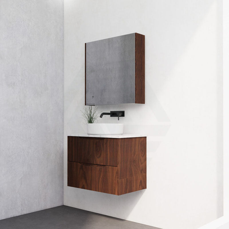 600-1500Mm Bali Wall Hung Bathroom Floating Vanity Brown Oak Linear Fluted Cabinet Pvc Coating