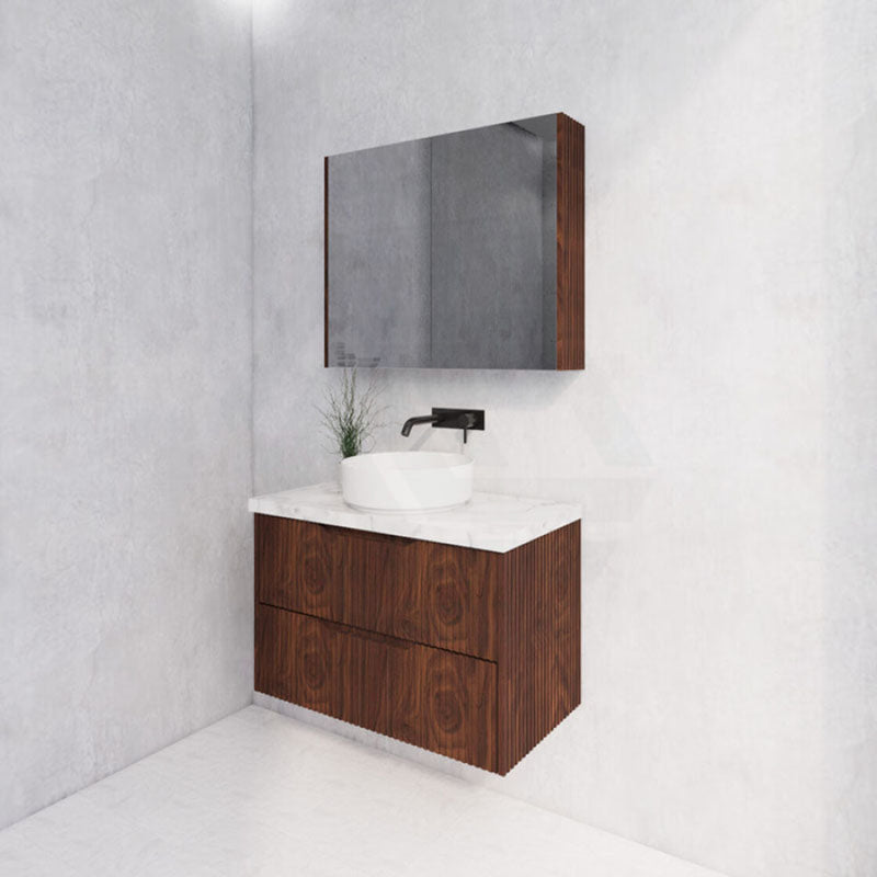 600-1500Mm Bali Wall Hung Bathroom Floating Vanity Brown Oak Linear Fluted Cabinet Pvc Coating