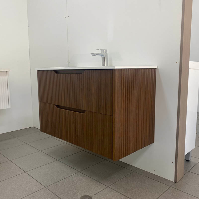 600-1500Mm Bali Wall Hung Bathroom Floating Vanity Brown Oak Linear Fluted Cabinet Pvc Coating