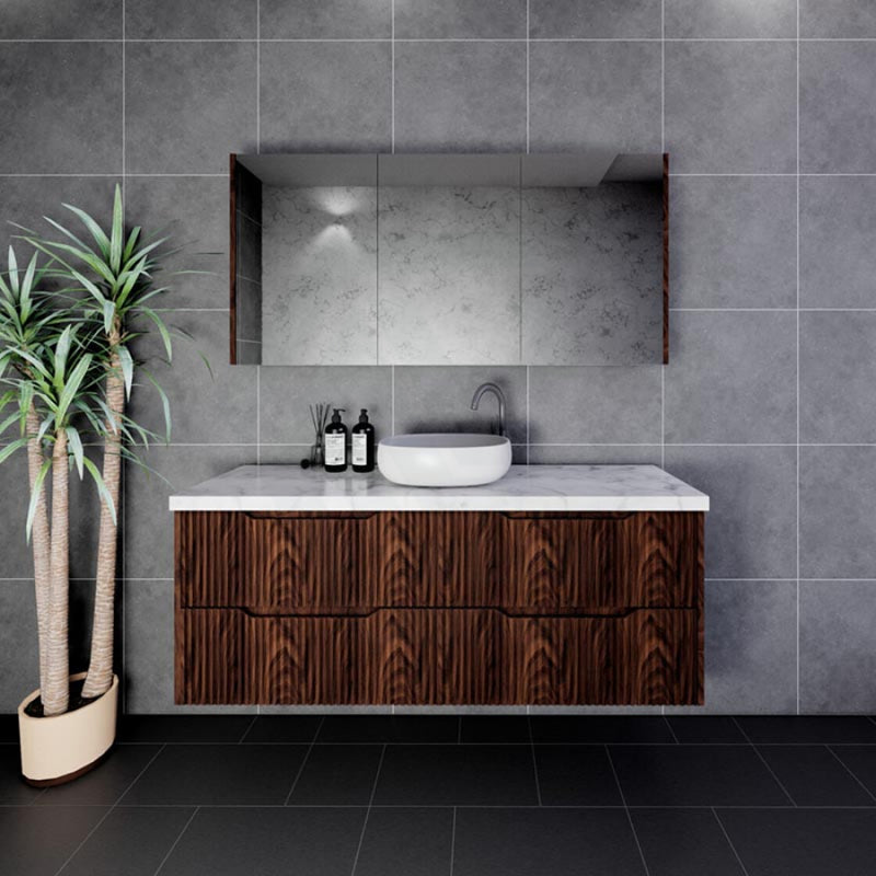 600-1500Mm Bali Wall Hung Bathroom Floating Vanity Brown Oak Linear Fluted Cabinet Pvc Coating