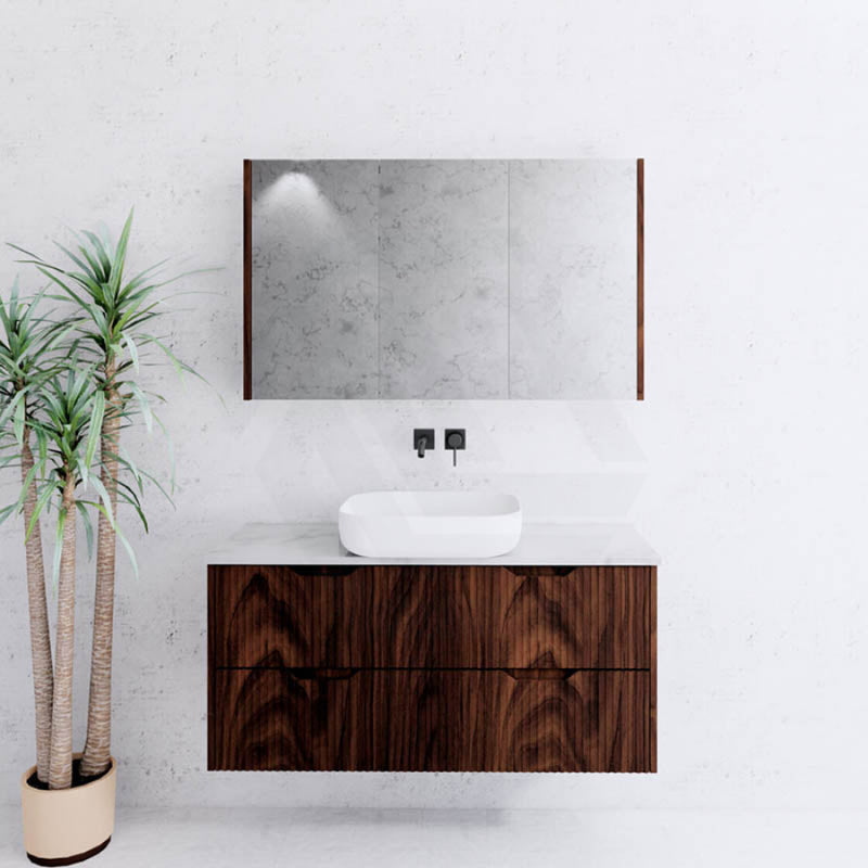 600-1500Mm Bali Wall Hung Bathroom Floating Vanity Brown Oak Linear Fluted Cabinet Pvc Coating